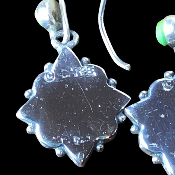 VINTAGE BARSE Green Turquoise Malachite Sterling Silver Floral Drop Earrings - Picture 5 of 9